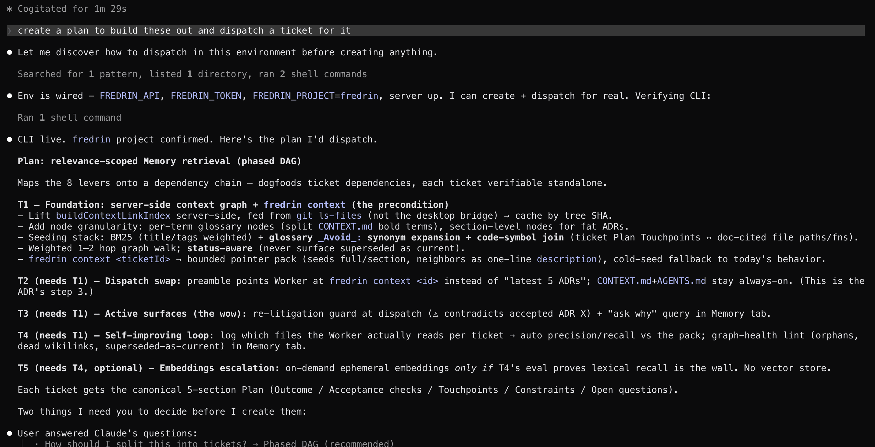 Fredrin's AI laying out a step-by-step plan in the chat — a handful of tasks with the order they need to happen in.