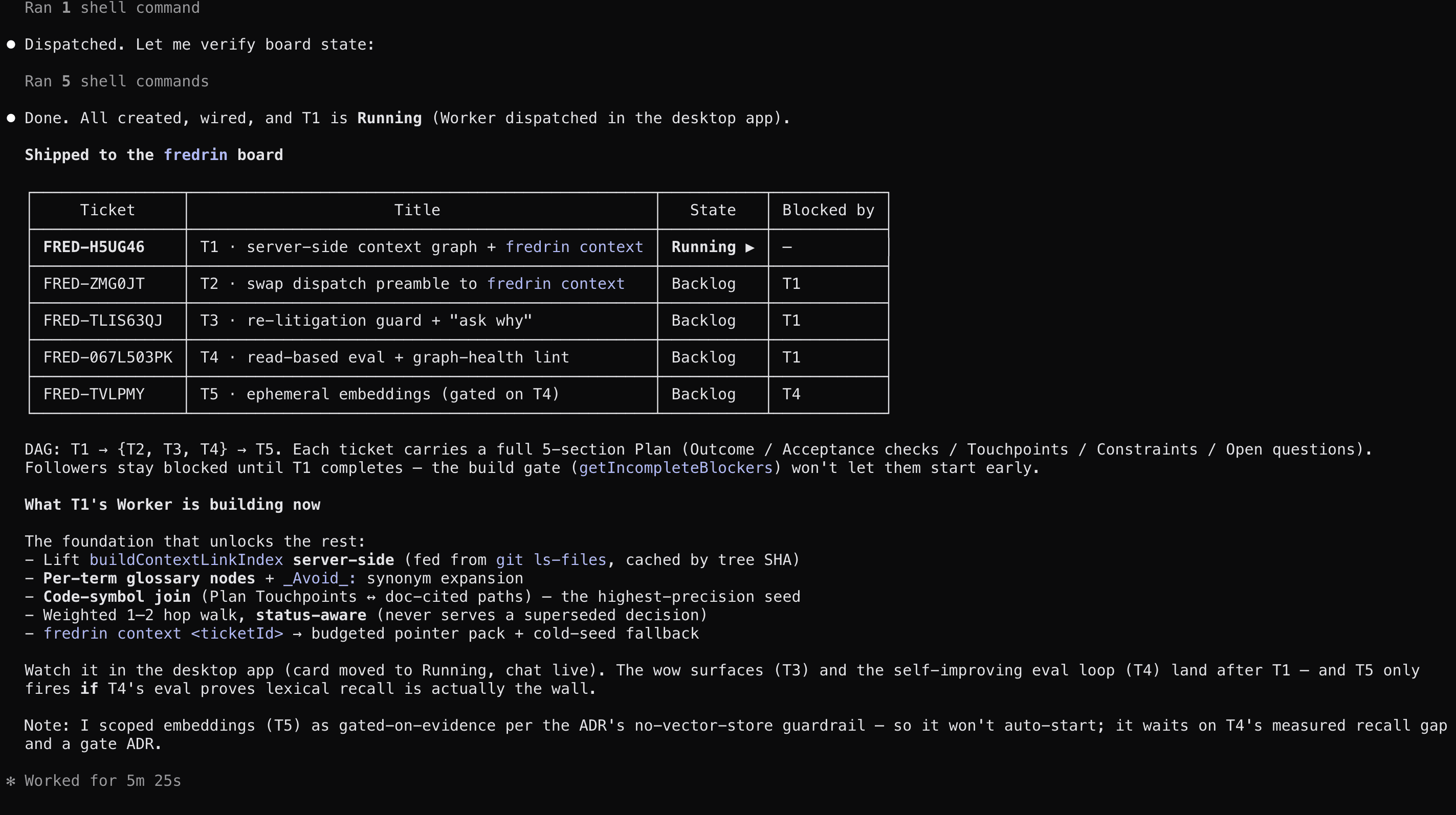 The AI showing the tasks it just added to the board, with a column for which task is waiting on which.