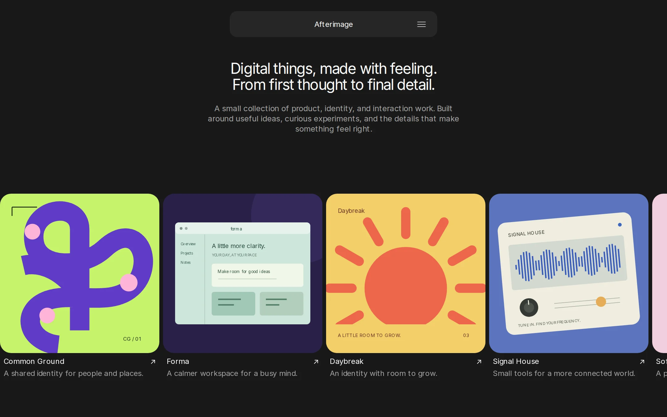 The Afterimage — Design Portfolio (Dark) kickstart: A quiet frame for work with a point of view.