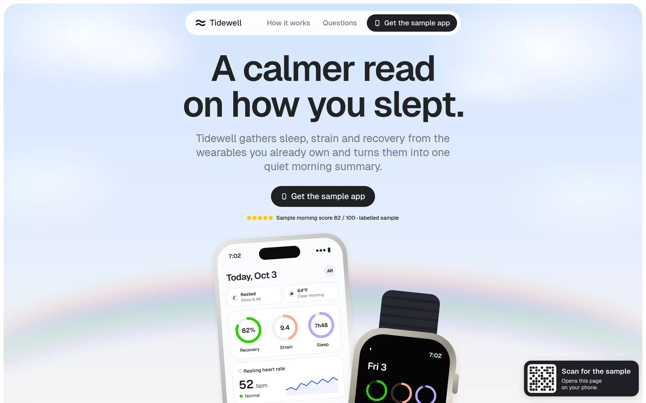 The Bevel kickstart: Morning metrics in cloudlight: a sky-to-paper hero, tight system headlines, capsule buttons and a softly glowing phone-and-watch dashboard.