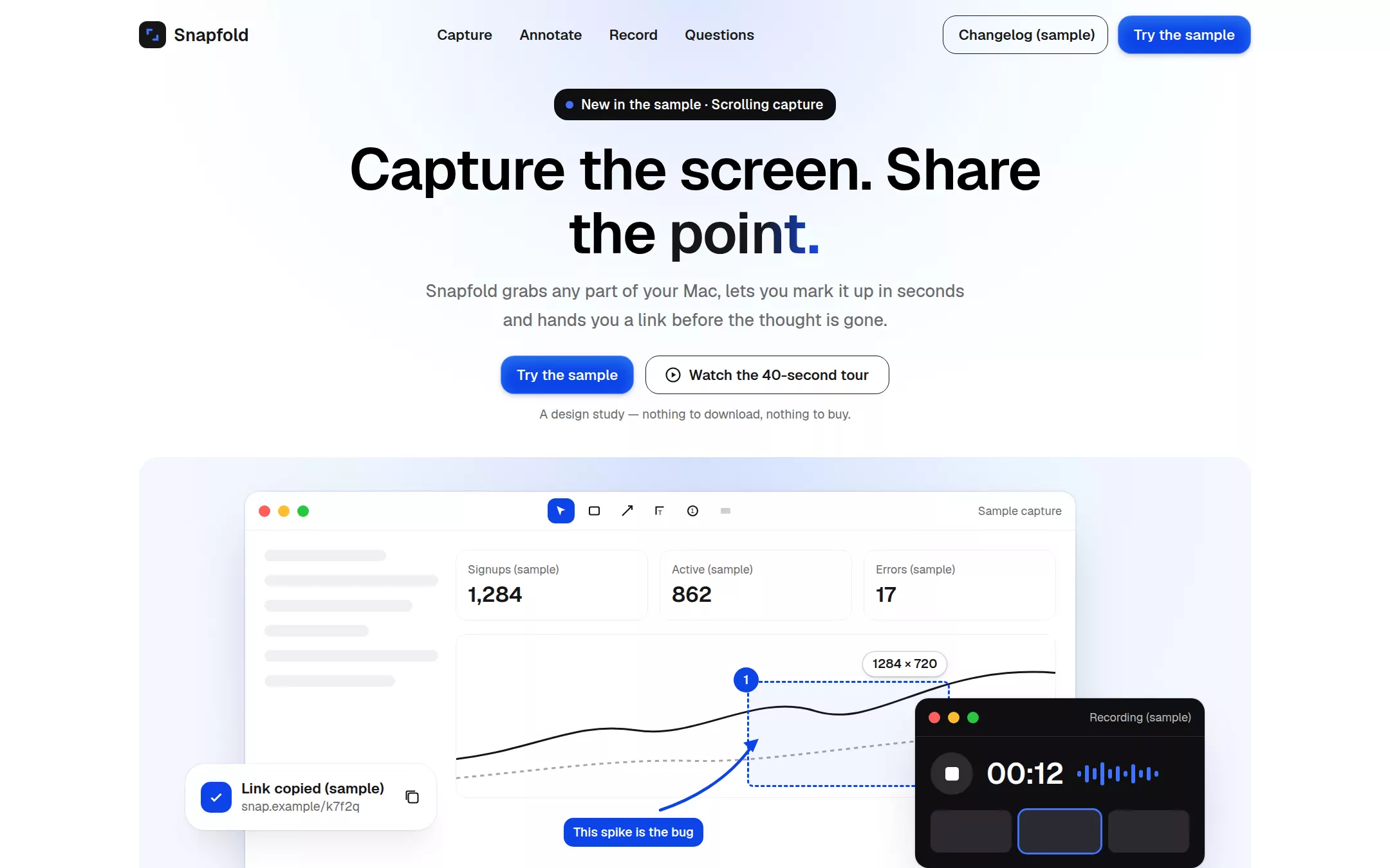 The CleanShot X kickstart: A blue-lit desktop studio: quiet white space, compact black type, one electric blue and layered Mac-window scenes.