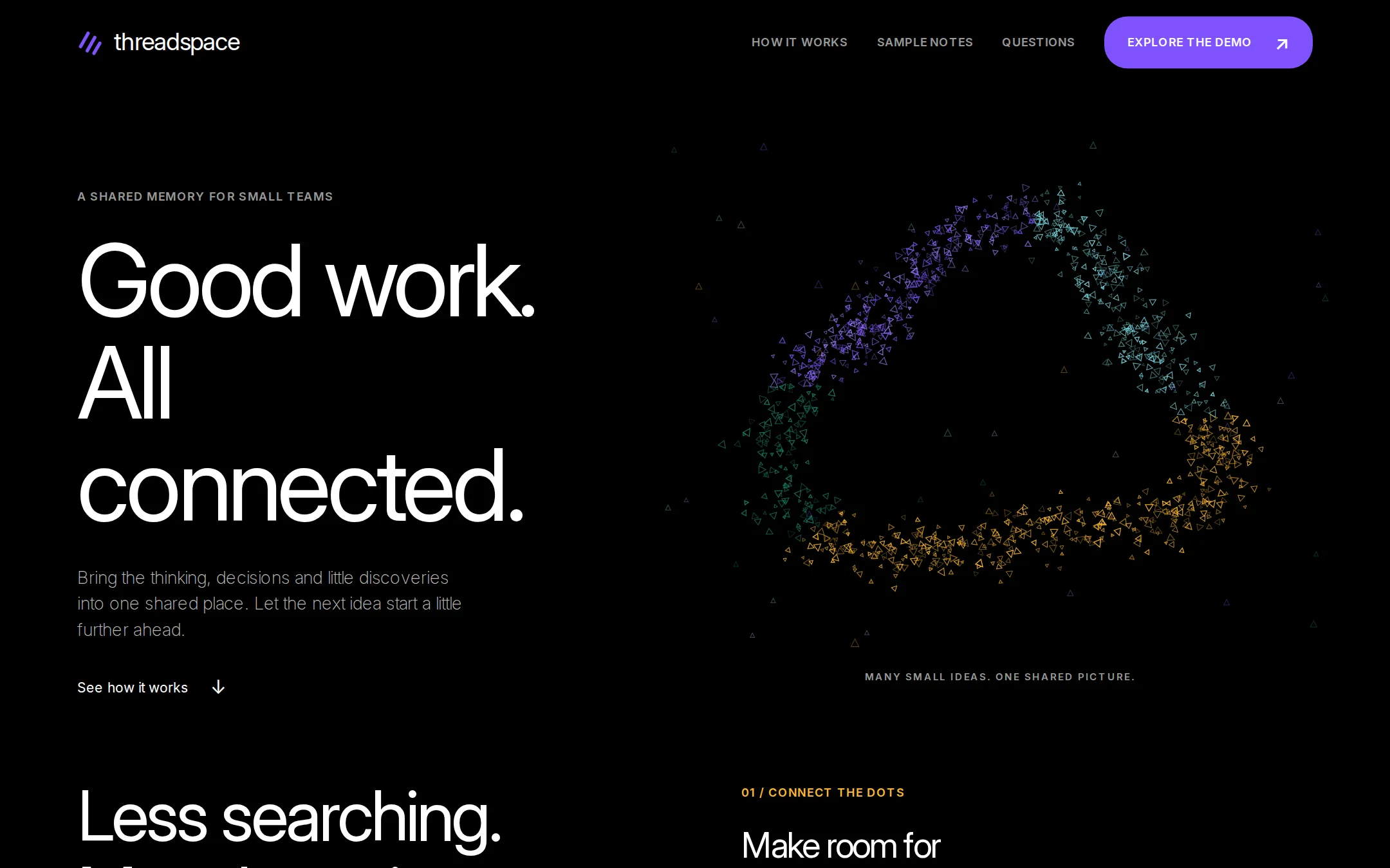 The Your workplace has the answer. Just ask Dala for it. kickstart: A shared-knowledge landing page with luminous constellations and connected sample notes.