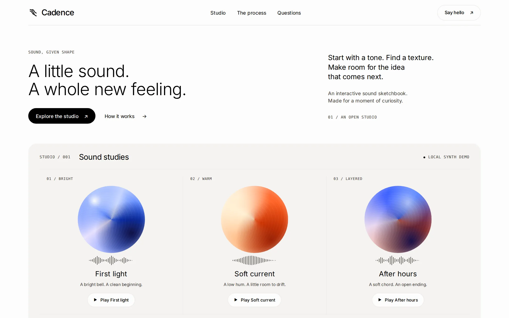 The ElevenLabs kickstart: A quiet audio studio on warm paper, with sculptural sound studies you can play.