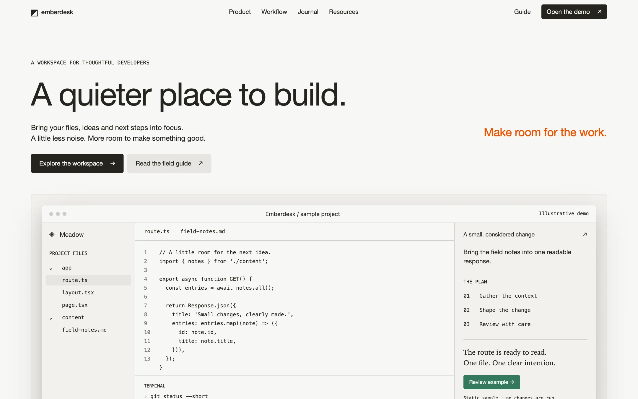 The Developer Tool Landing (Parchment) kickstart: Warm paper, quiet type and a workspace worth a closer look.