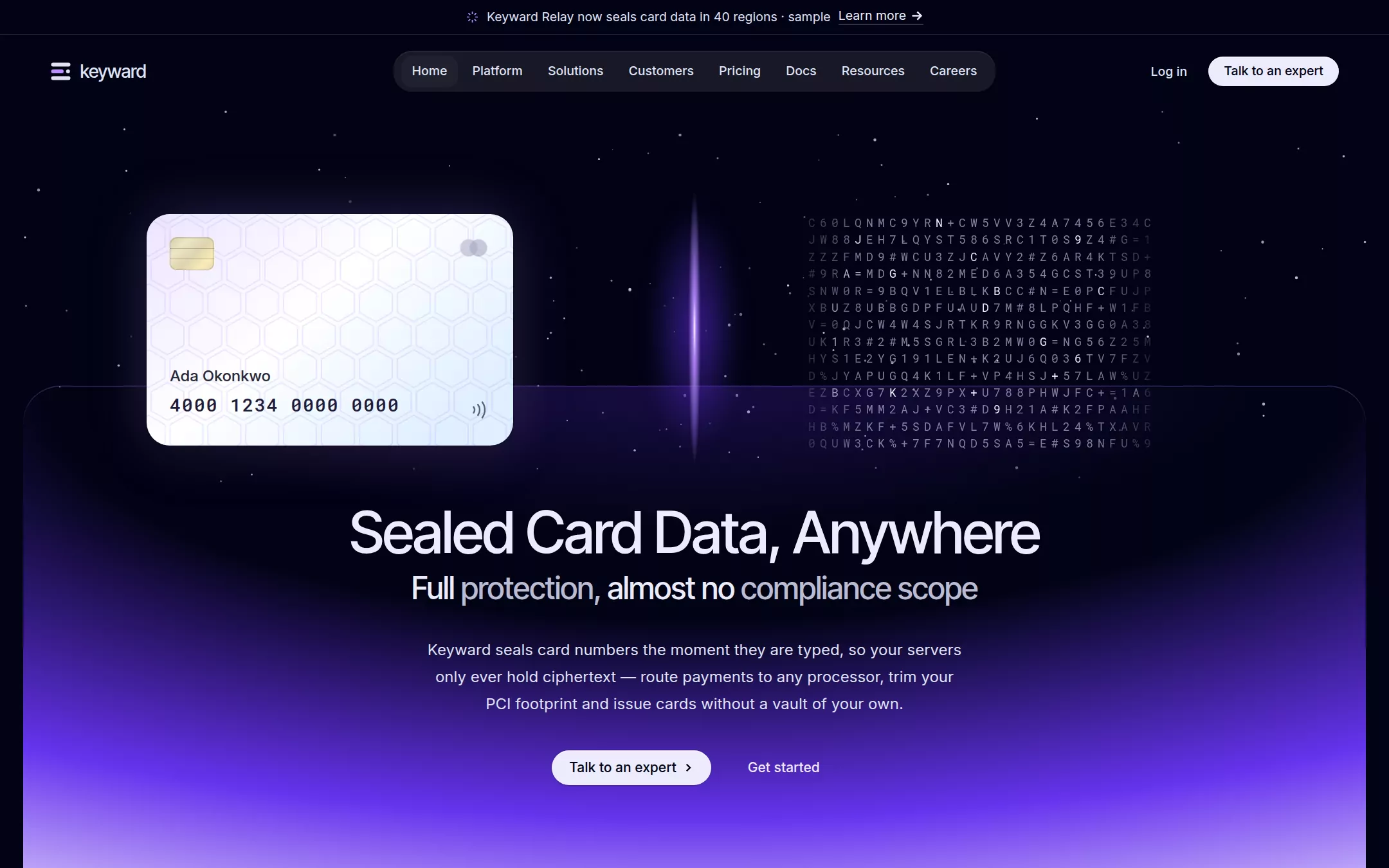 The Evervault kickstart: An encrypted-vault developer page: a near-black canvas, a white card beside one ultraviolet beam and a cascade of ciphertext, rising into a violet gradient arch.