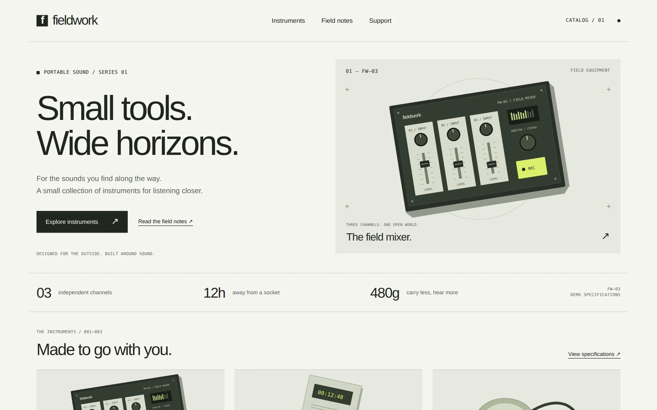 The Fieldwork — Audio Catalog (Light) kickstart: Portable sound tools, presented with the precision of an industrial catalog.