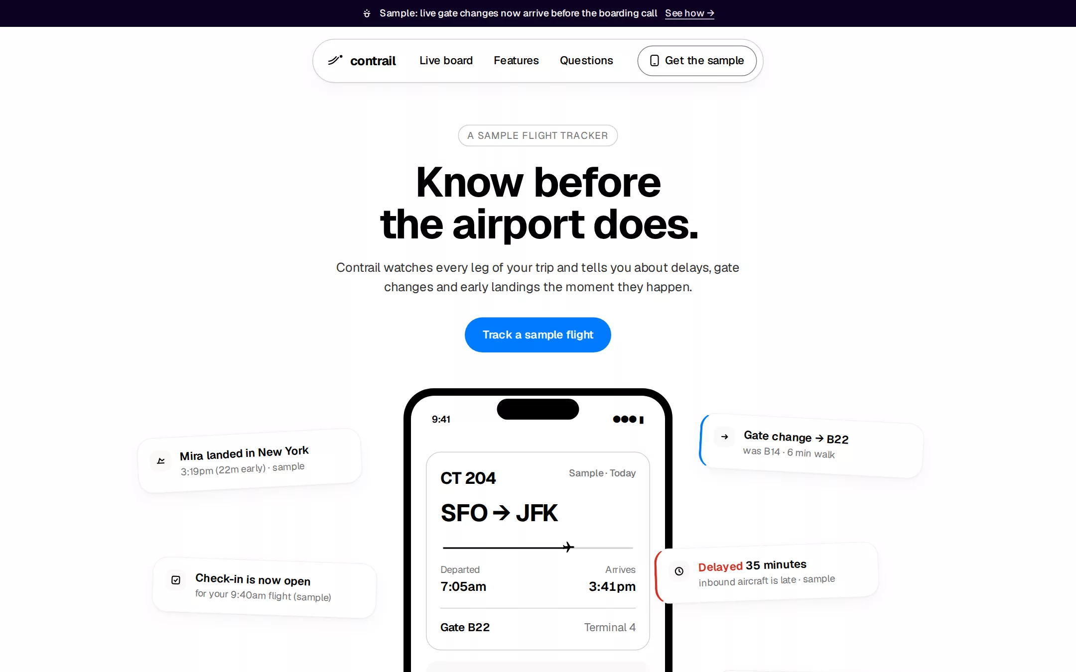 The Flighty kickstart: A departure board meets a control tower: a crisp white airport panel with a phone orbited by live notification cards, then a midnight-violet control room.