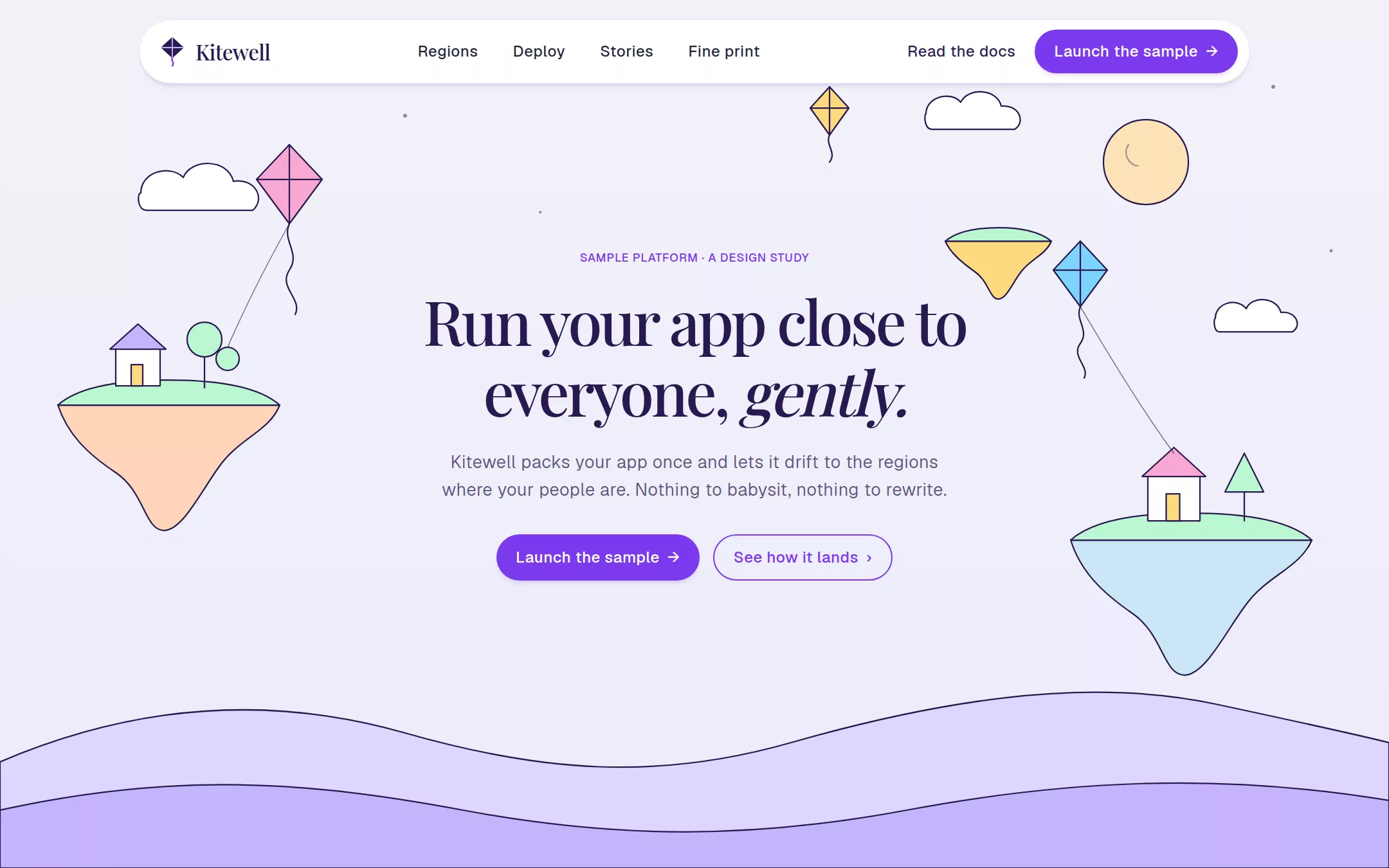 The Fly.io kickstart: A hand-drawn storybook for infrastructure: a lavender-washed canvas, an editorial serif, pastel sky bands and one violet pill.