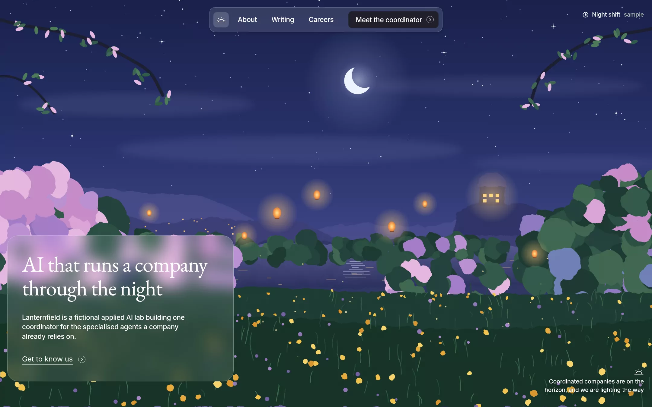 The General Intelligence Company kickstart: A book-page lab site: a painted night meadow under a frosted nav pill, a glass headline card, thin editorial serifs and one green-tinted hairline.