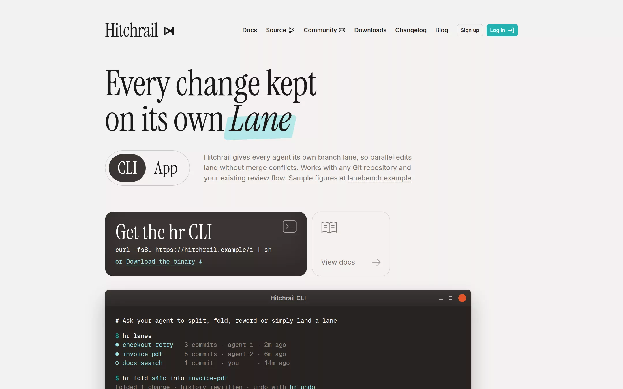 The GitButler kickstart: A paper-and-ink developer-tool landing page: an 82px editorial serif headline with one italic word over an aqua brush stroke, a pill CLI/App toggle, a graphite install panel and a charcoal terminal demo on a warm off-white canvas.