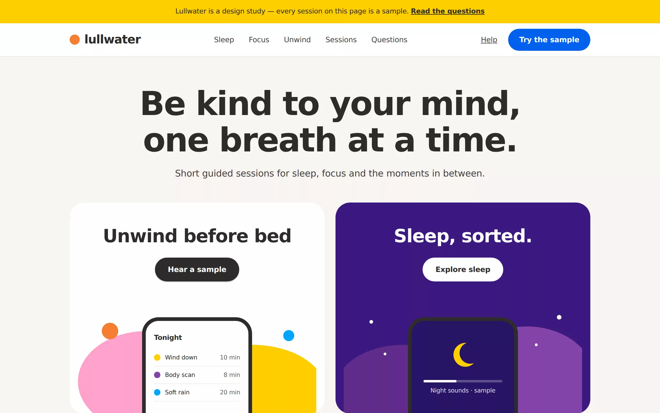 The Headspace kickstart: A sunlit wellness retreat on warm paper: cream canvas, a yellow banner, huggable pills and headlines tracked tight.