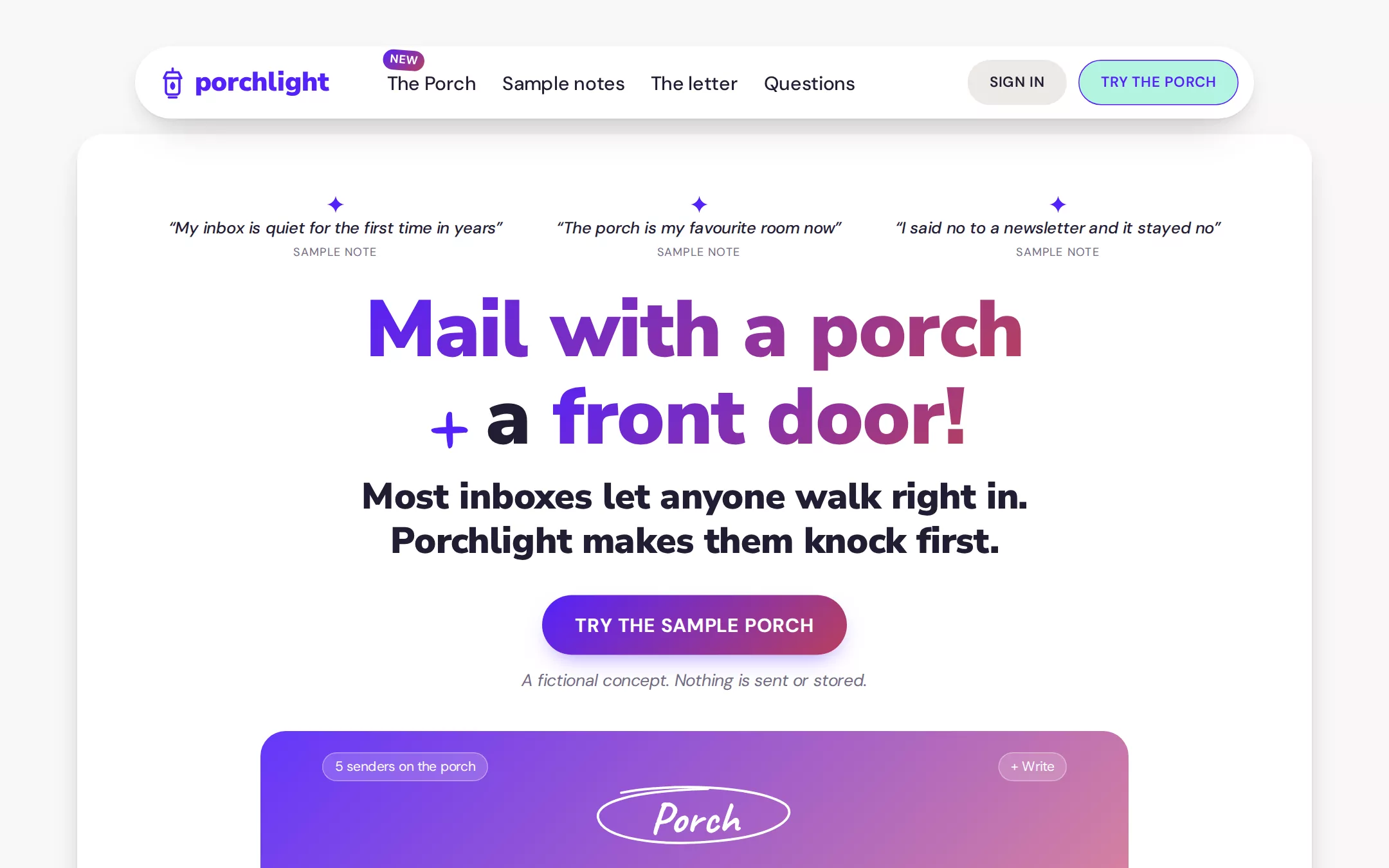 The HEY kickstart: Chunky, cheerful and opinionated: a black-weight rounded headline, a violet-to-rose gradient, mint buttons and white sheets floating on warm paper.