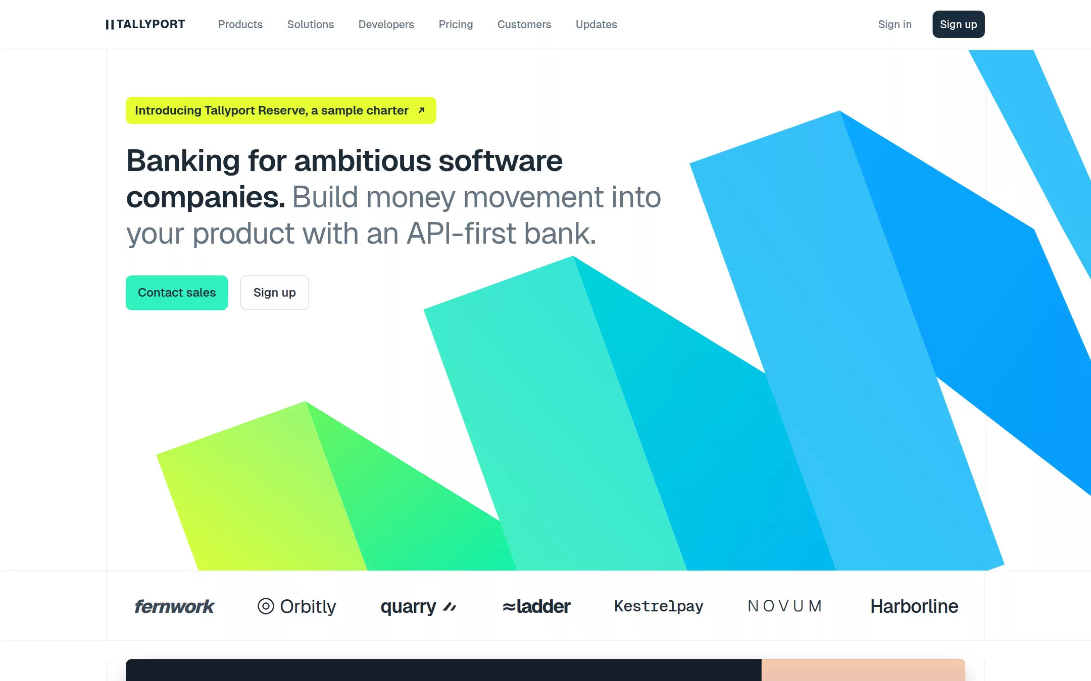 The Increase kickstart: An institutional fintech landing page: a two-tone 40px grotesque headline, a voltage pill, a mint primary button and faceted chartreuse-to-blue prisms between two hairline column rules on a white canvas.
