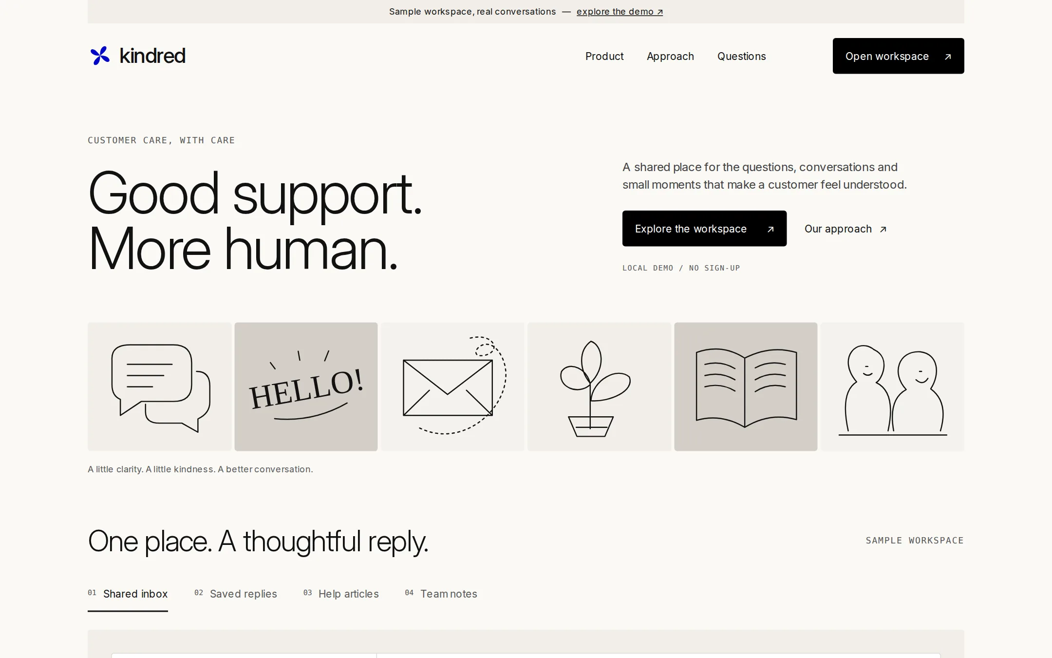 The Intercom kickstart: A warm editorial support page with light typography and a working sample inbox.