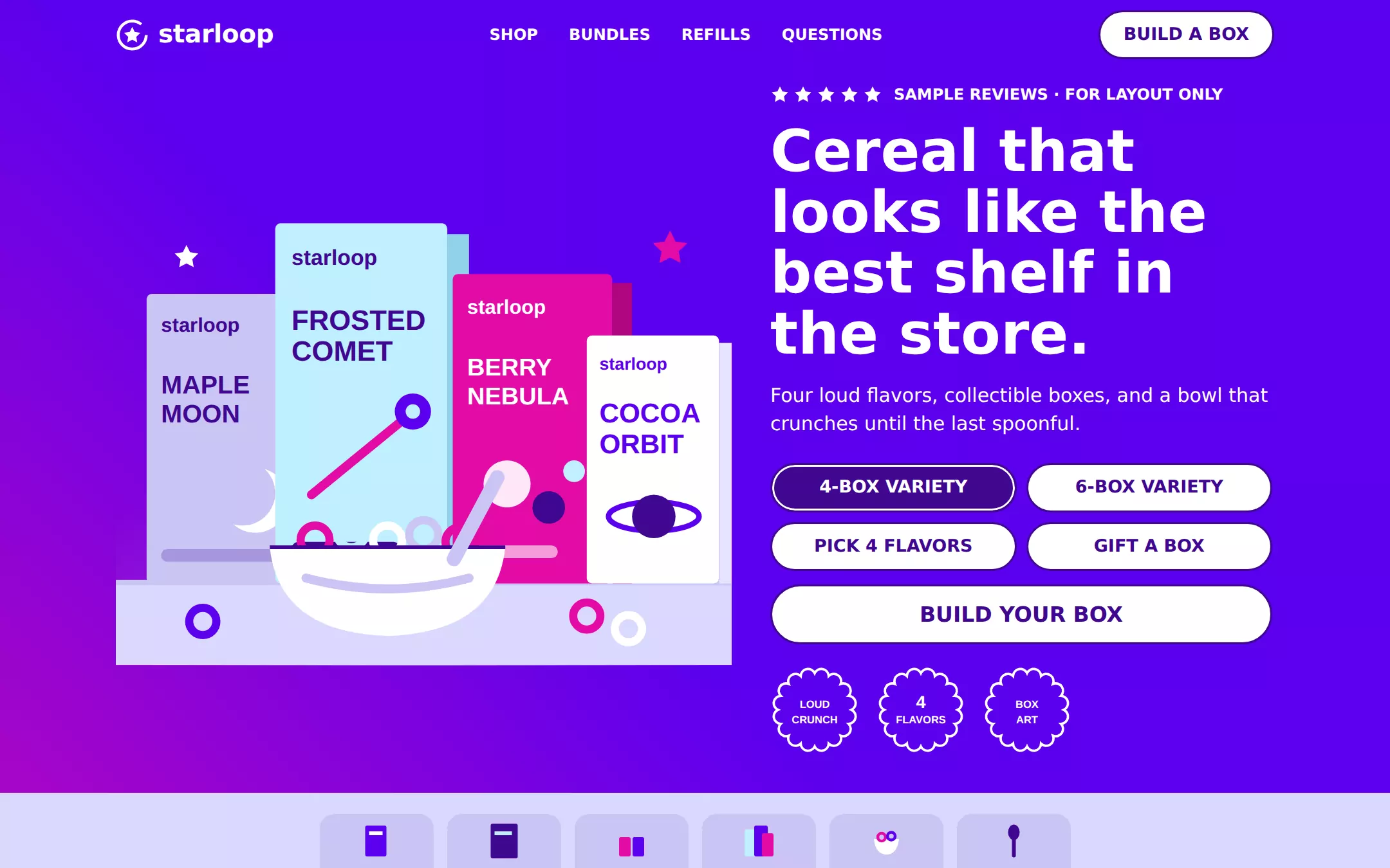 The Magic Spoon kickstart: A candy-coloured cereal shelf: electric grape, lilac aisles, chunky pills and packaging you want to collect.