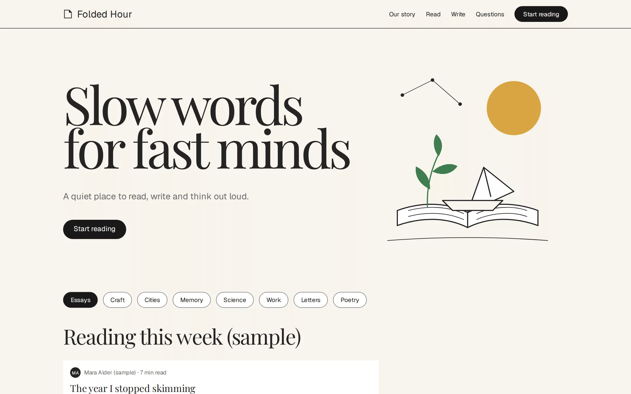 The Medium kickstart: A cream-colored broadsheet at golden hour: a whisper-weight serif, one pill of black ink and a hand-drawn illustration.