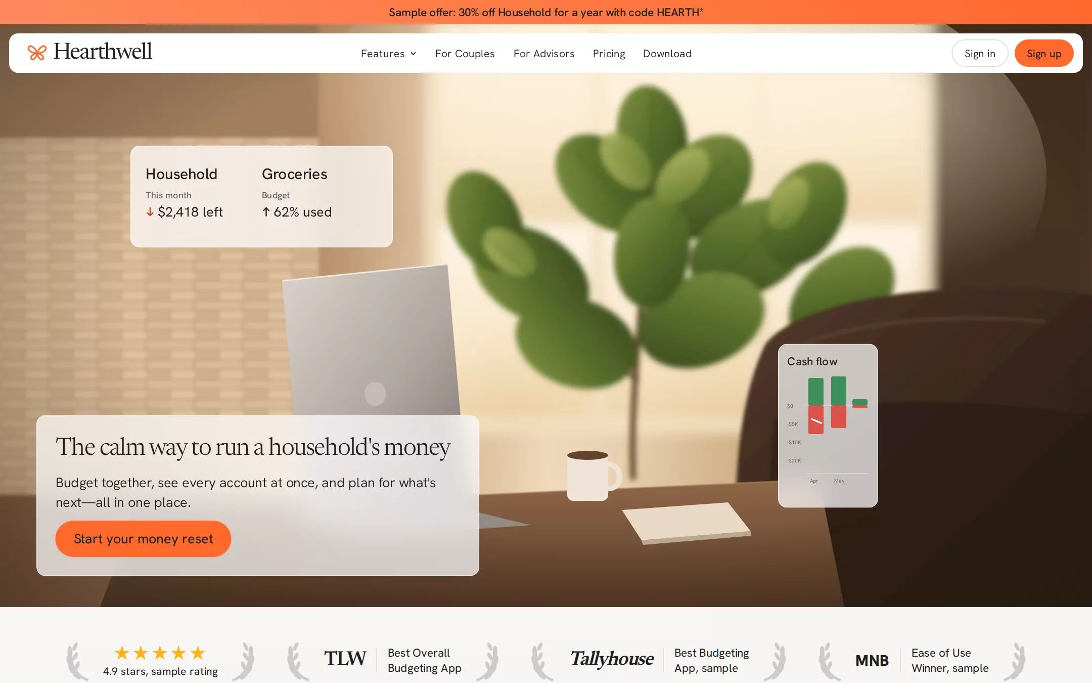 The Monarch kickstart: A warm, editorial money-app landing page: a full-bleed sunlit living-room scene with frosted stat cards, a serif hero card, ember-orange pills and a laurel awards strip on chalk paper.