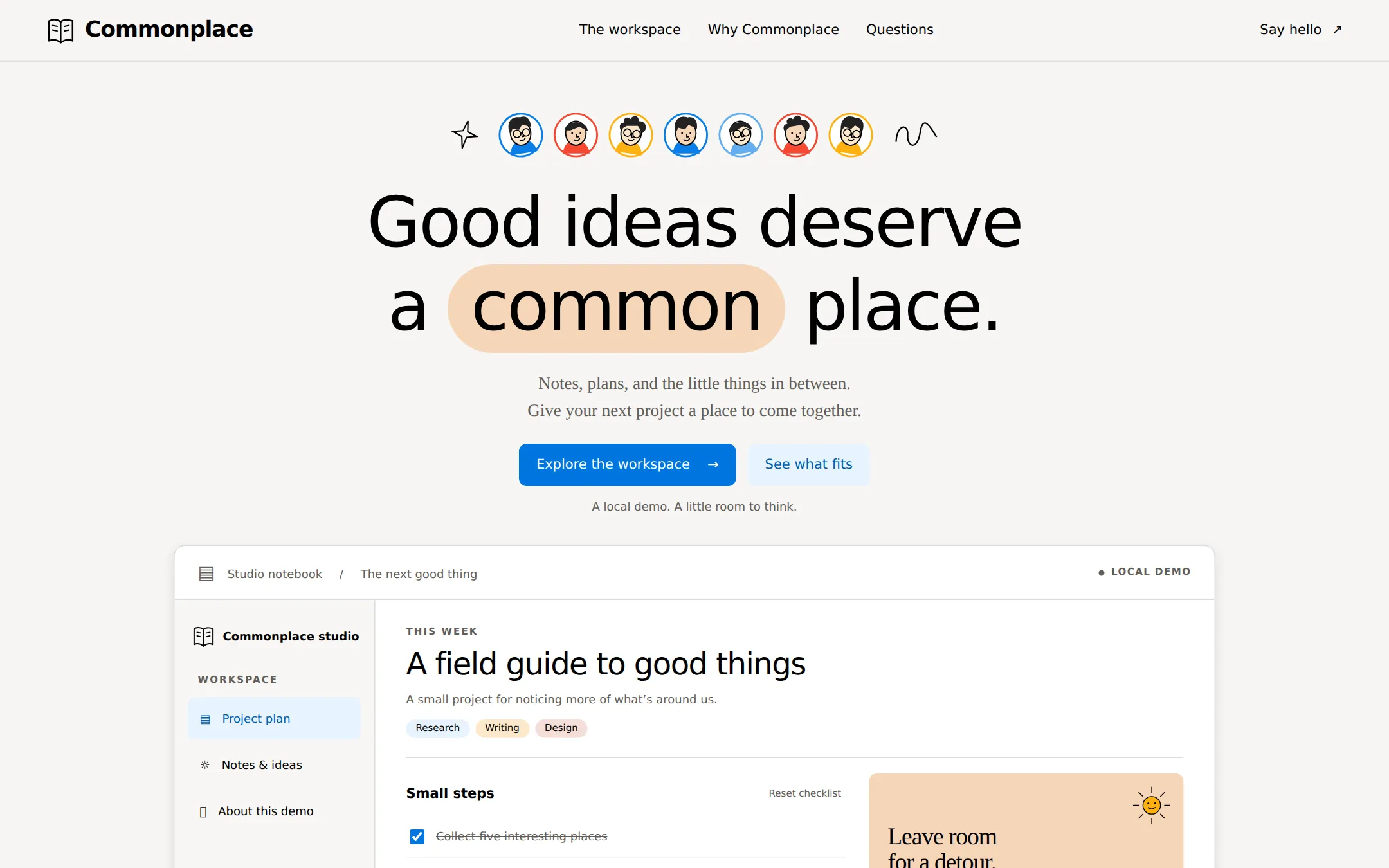 The Notion kickstart: A warm, illustrated workspace landing page that gives good ideas a place to grow.