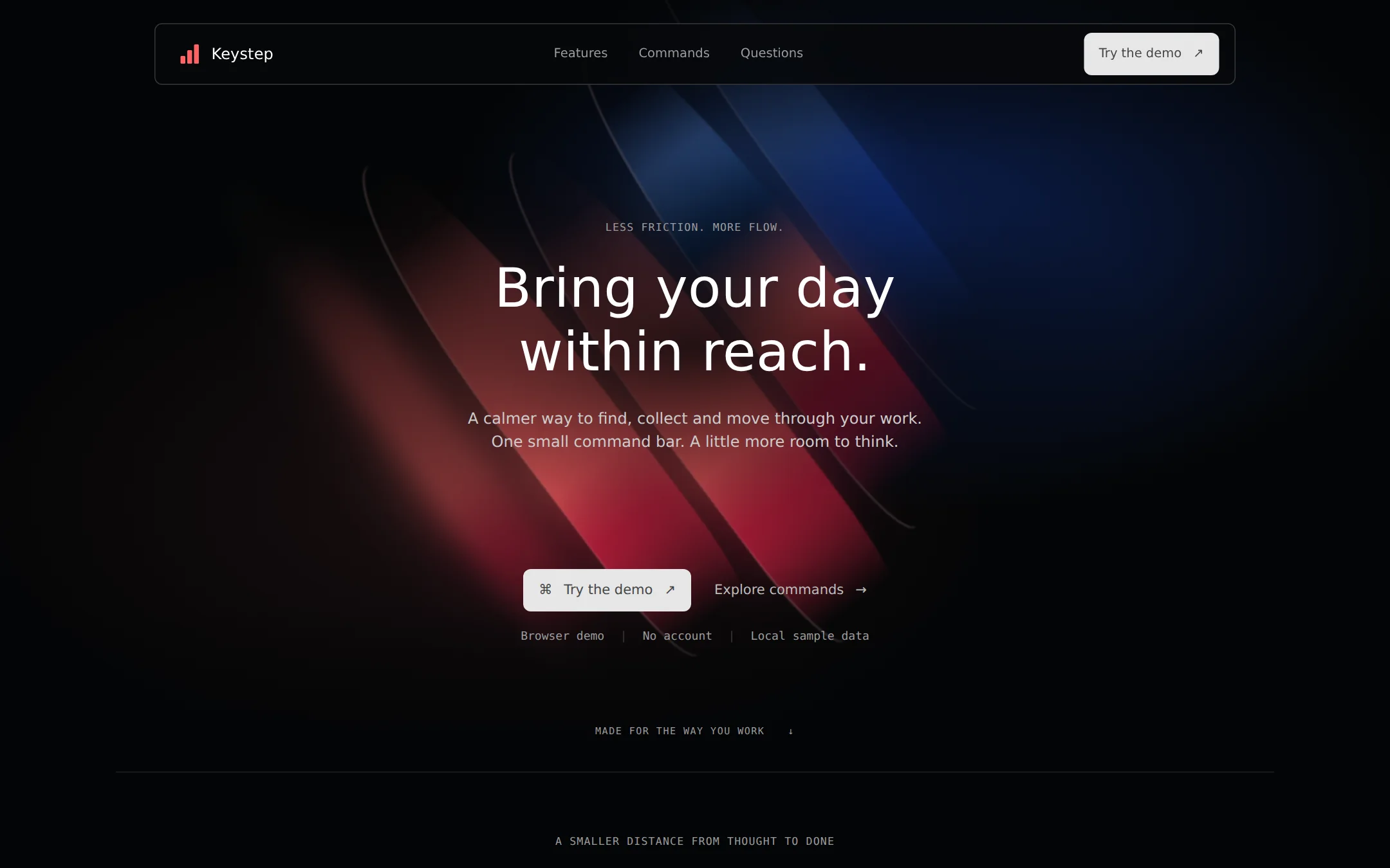 The Raycast kickstart: A midnight product launch with coral light and tactile command surfaces.
