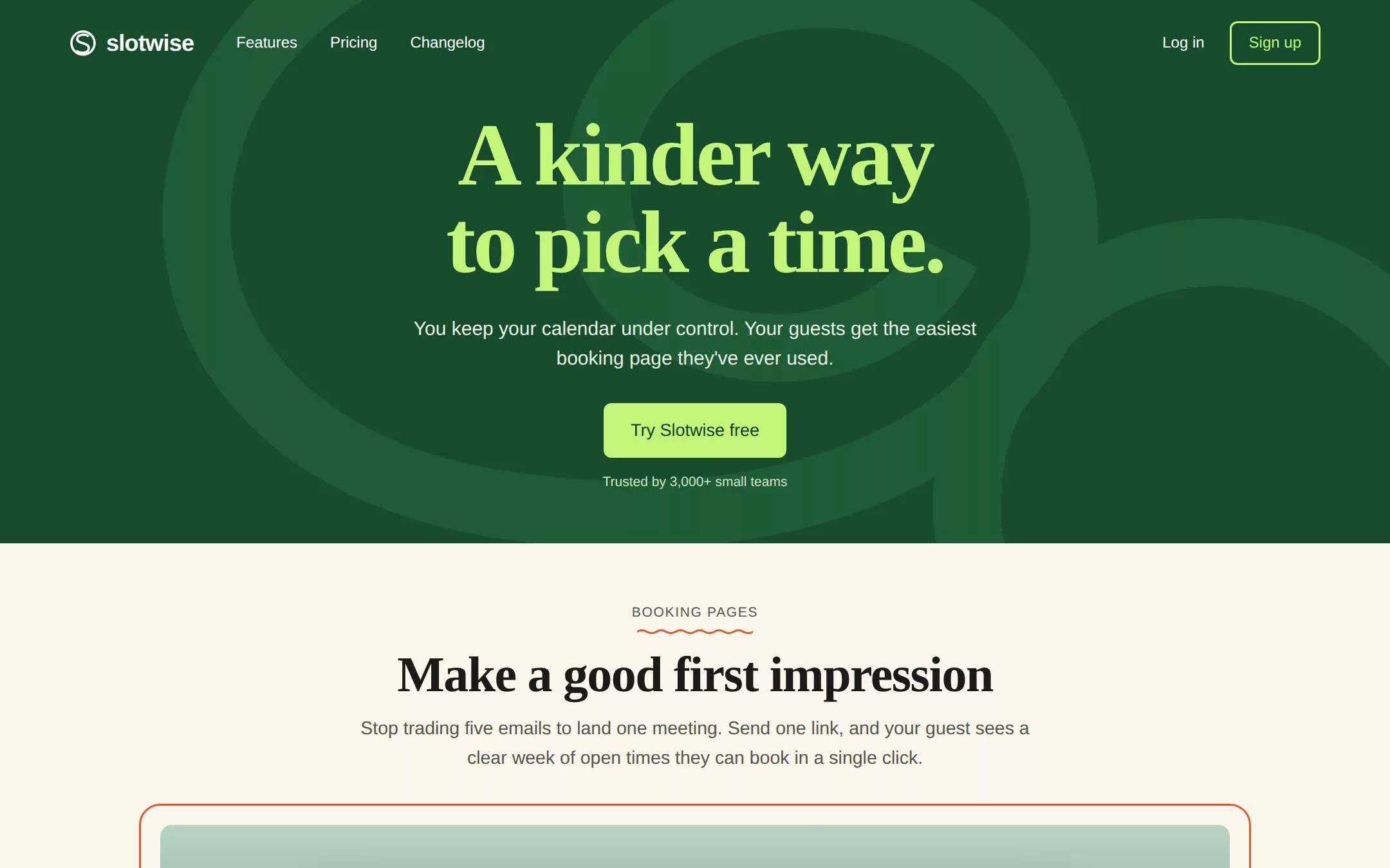 The Scheduling App Landing (Forest) kickstart: A warm, confident launch page for a booking-link scheduling tool.