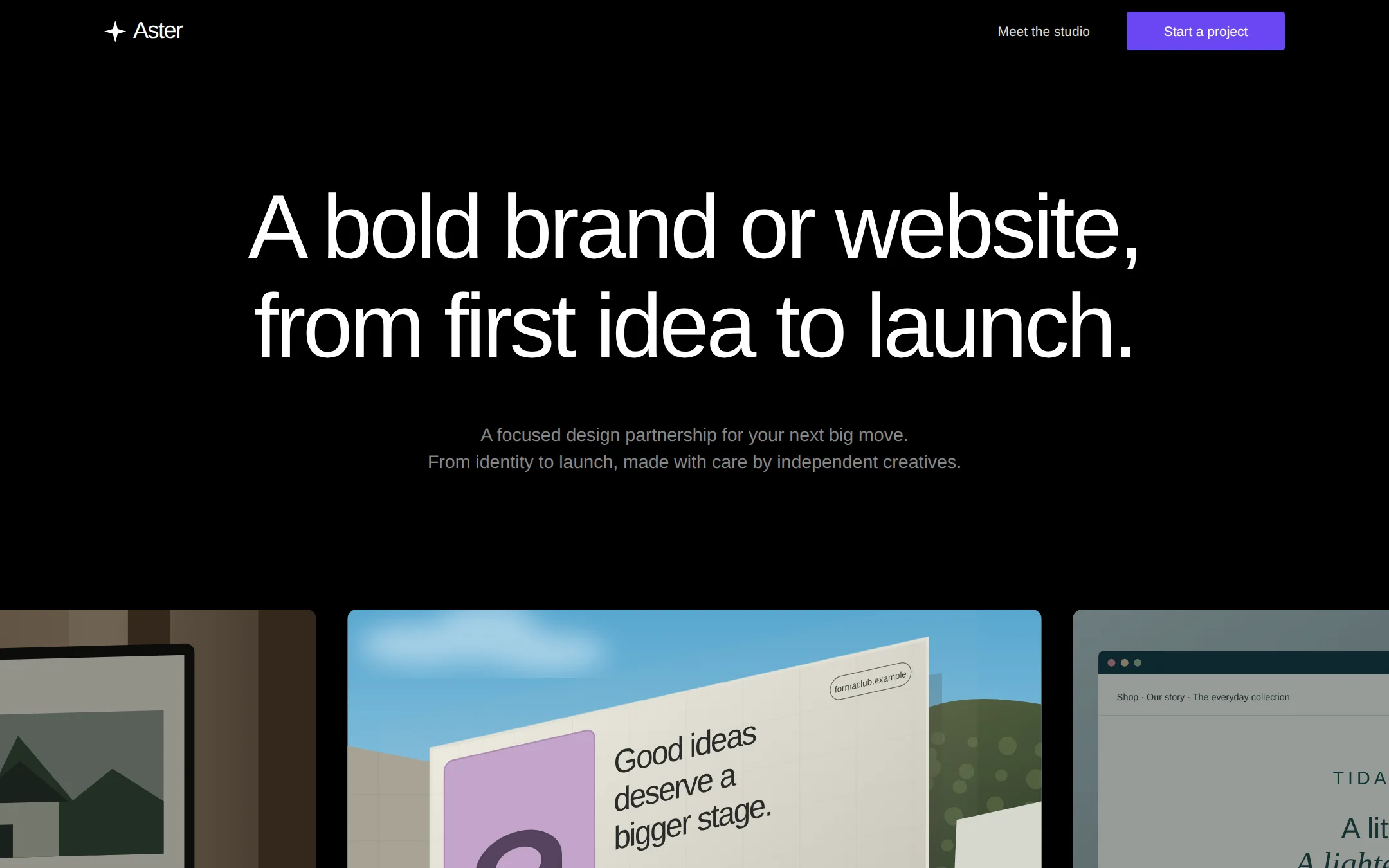 The Stellar kickstart: A midnight-black studio showcase with oversized type and a precise violet accent.