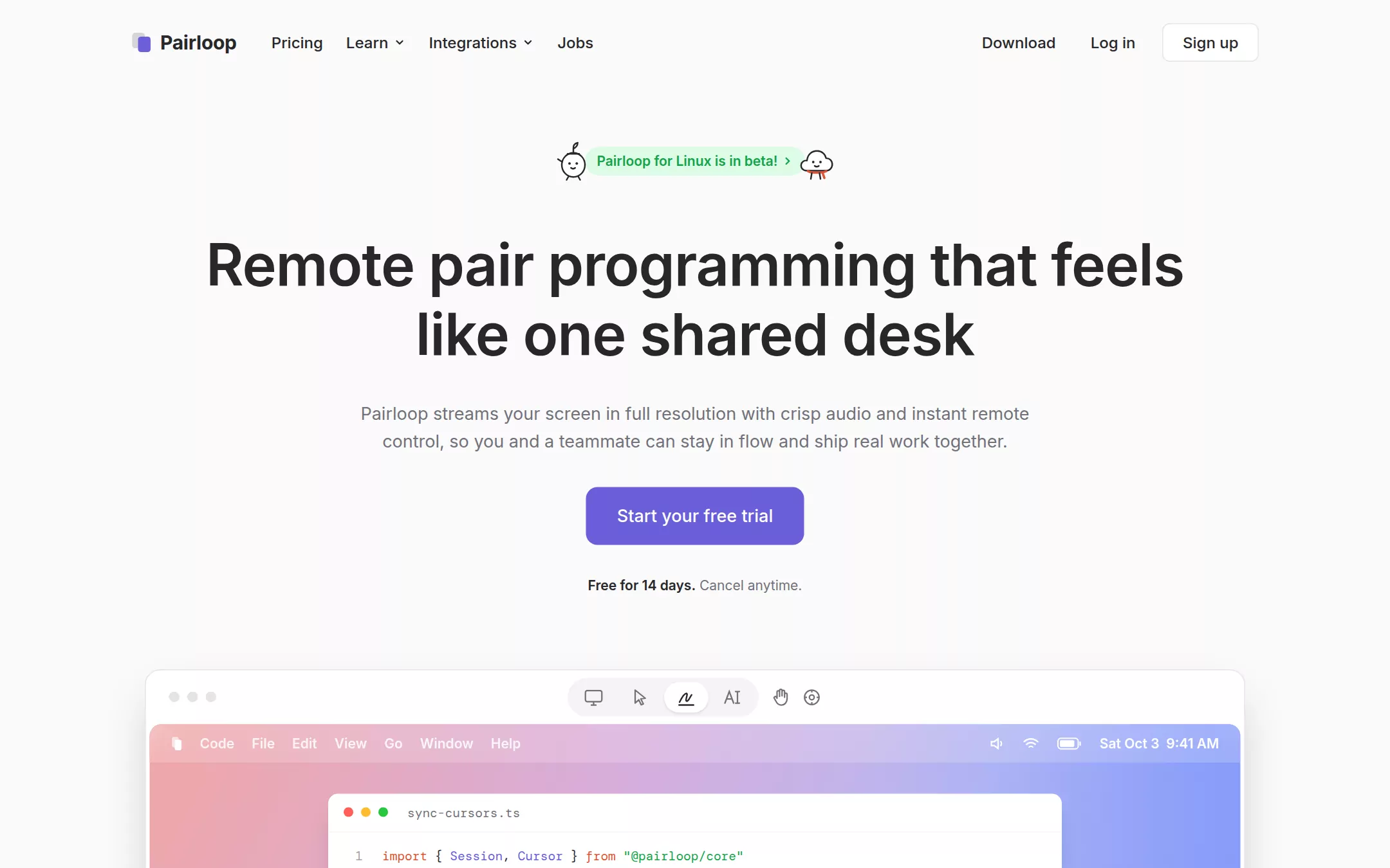 The Tuple kickstart: A pair-programming devtool page: a Zinc-50 canvas, one centred 60px headline, a single Iris button and a macOS window of shared code on a pastel gradient wallpaper.