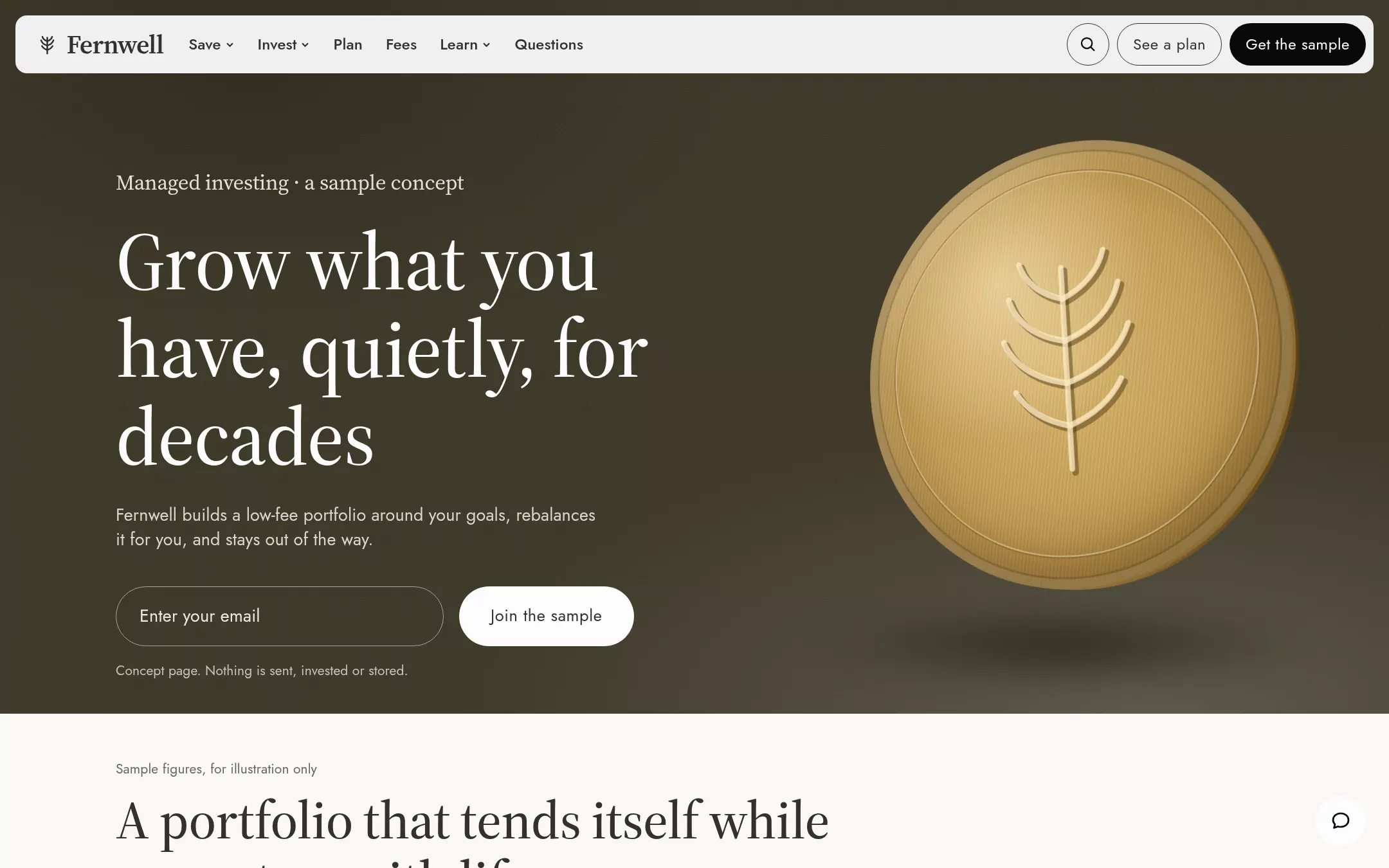 The Wealthsimple kickstart: A cashmere-lined vault with gallery lighting: a felt-dark bronze hero, editorial serif headlines, warm monochrome pills and one sculptural gold coin.